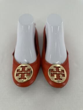 Tory Burch Flats Sz 8 Minnie Travel Orange Logo Office Classic Gold Logo Leather